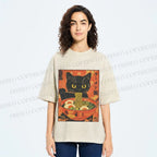 Unisex Black Cat With a Craving for Ramen Printed Washed Tee