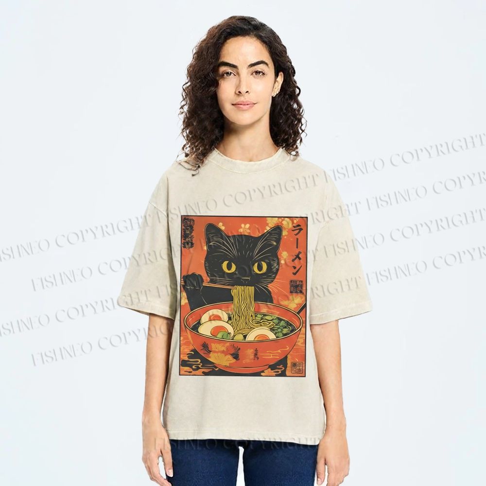 Unisex Black Cat With a Craving for Ramen Printed Washed Tee