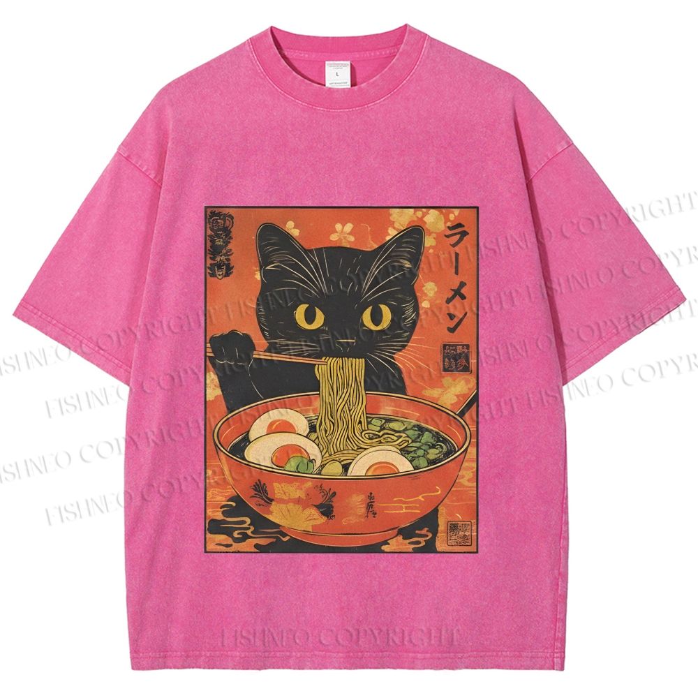 Unisex Black Cat With a Craving for Ramen Printed Washed Tee
