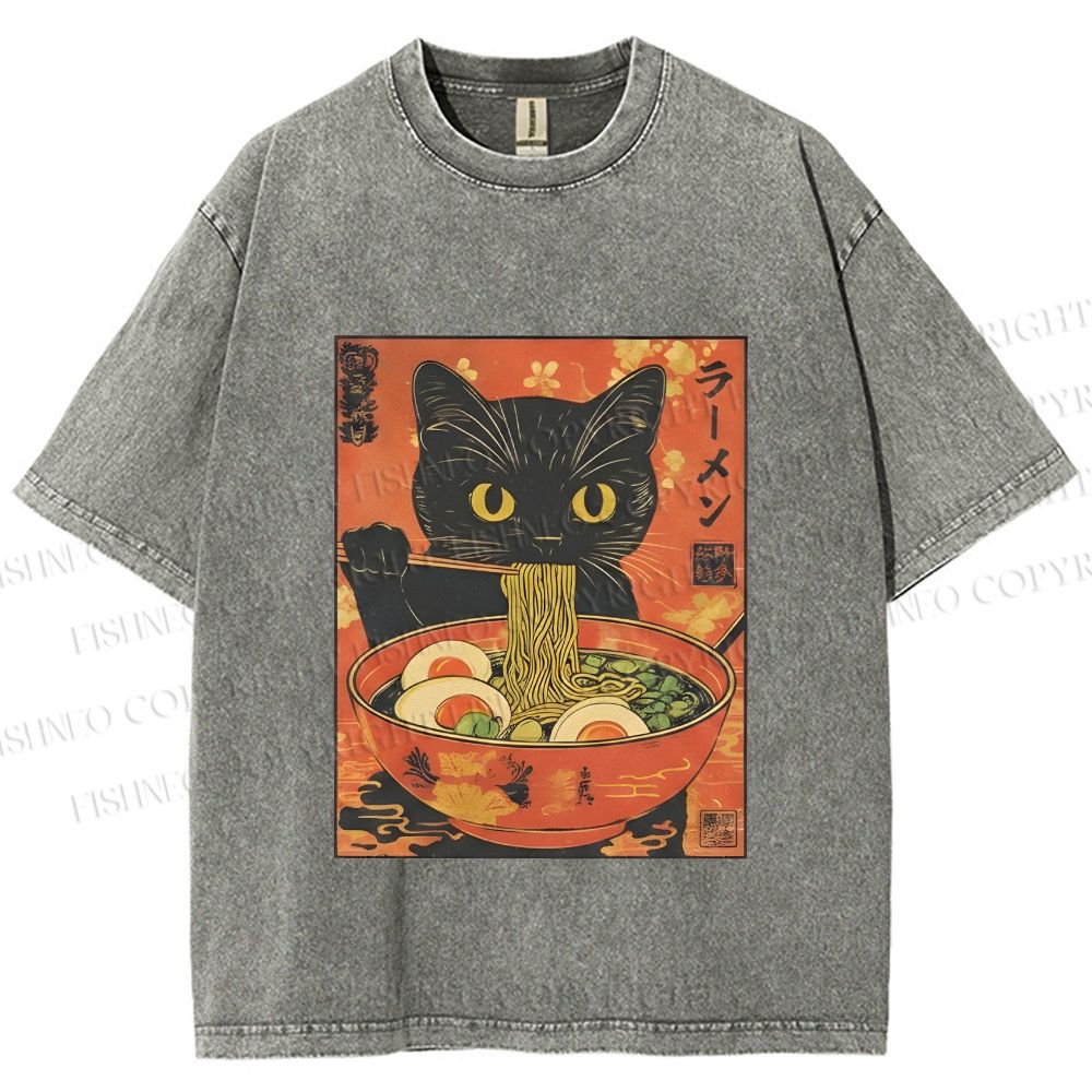 Unisex Black Cat With a Craving for Ramen Printed Washed Tee