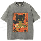 Unisex Black Cat With a Craving for Ramen Printed Washed Tee