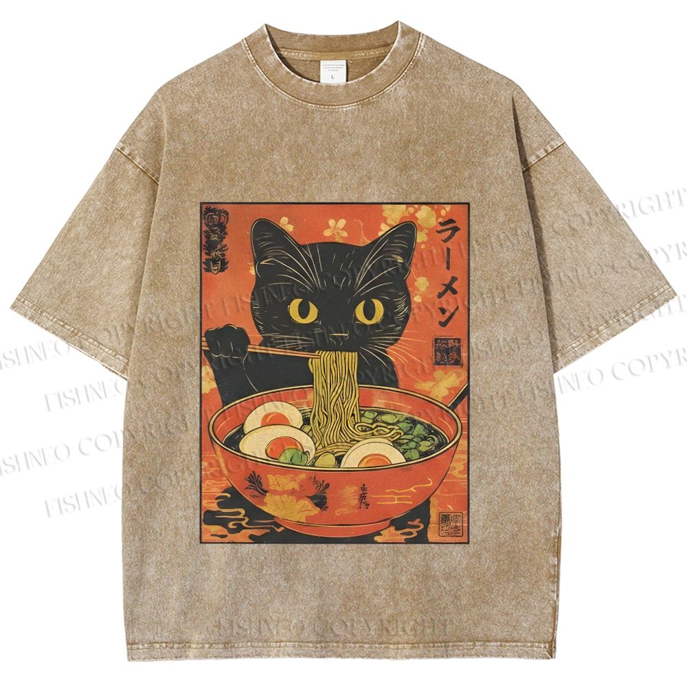 Unisex Black Cat With a Craving for Ramen Printed Washed Tee