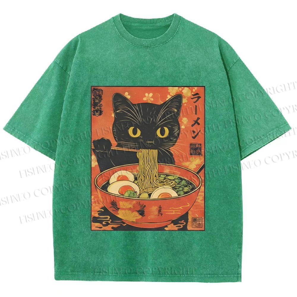 Unisex Black Cat With a Craving for Ramen Printed Washed Tee