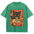 Unisex Black Cat With a Craving for Ramen Printed Washed Tee