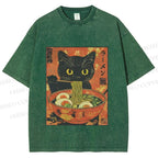 Unisex Black Cat With a Craving for Ramen Printed Washed Tee