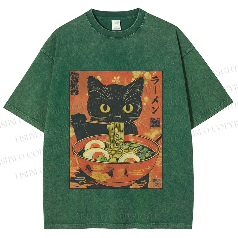 Unisex Black Cat With a Craving for Ramen Printed Washed Tee