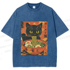 Unisex Black Cat With a Craving for Ramen Printed Washed Tee