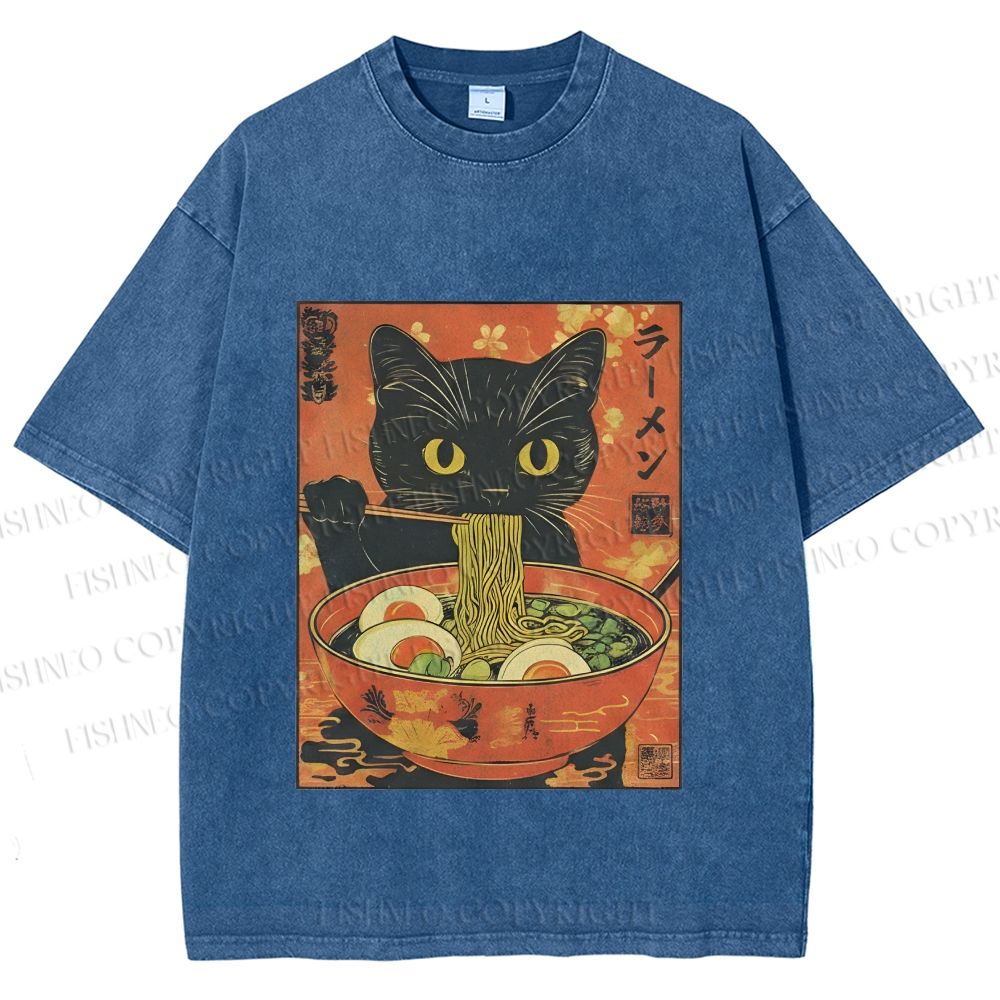 Unisex Black Cat With a Craving for Ramen Printed Washed Tee