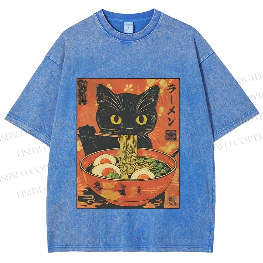 Unisex Black Cat With a Craving for Ramen Printed Washed Tee