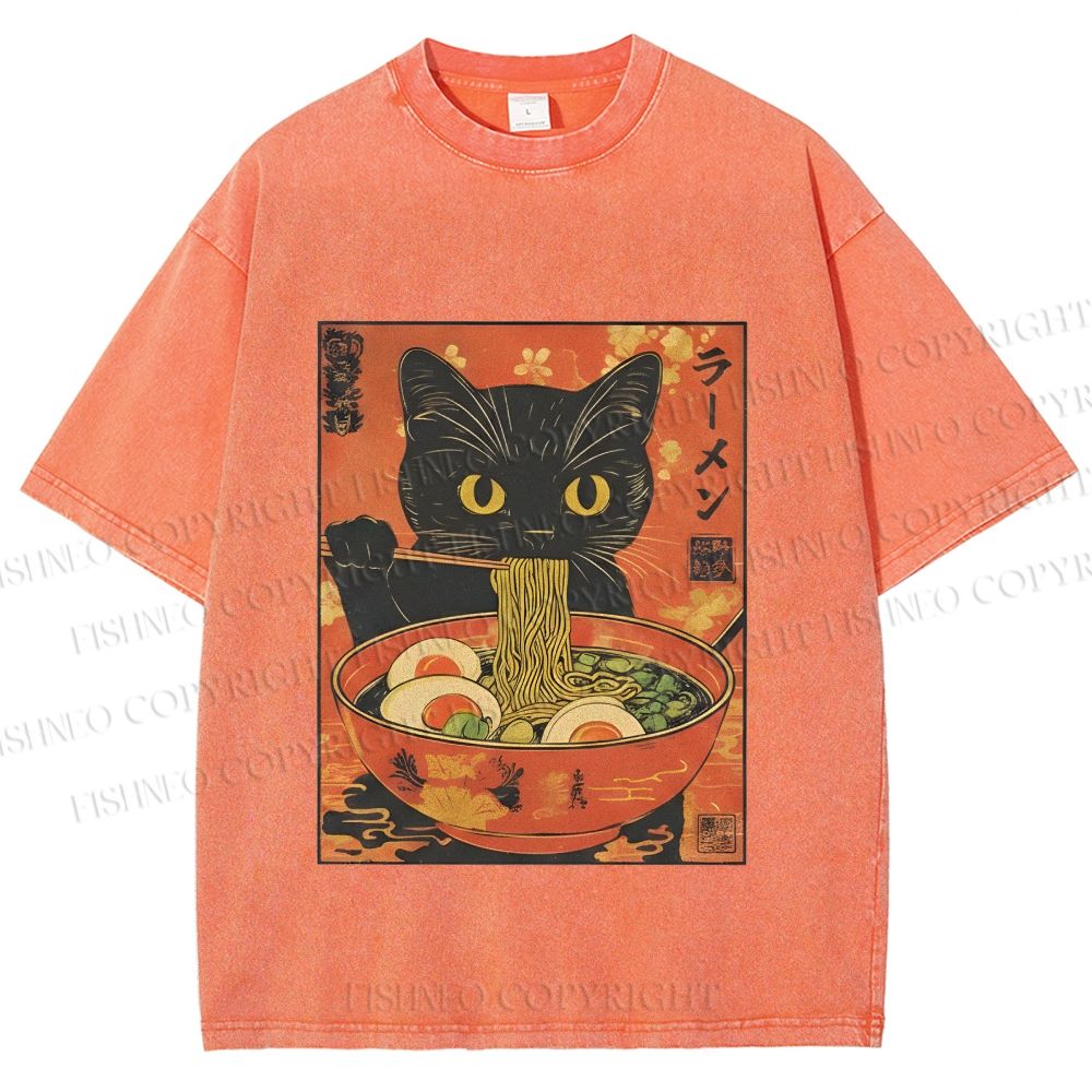 Unisex Black Cat With a Craving for Ramen Printed Washed Tee