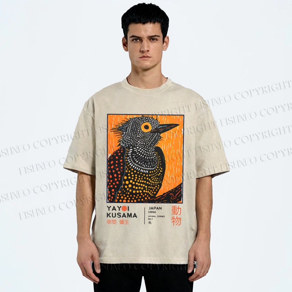 Unisex Yayoi Kusama Bird Printed Washed Tee