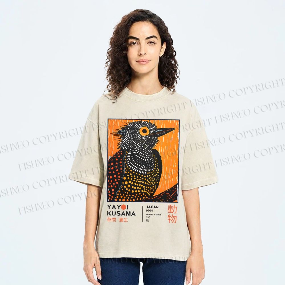 Unisex Yayoi Kusama Bird Printed Washed Tee