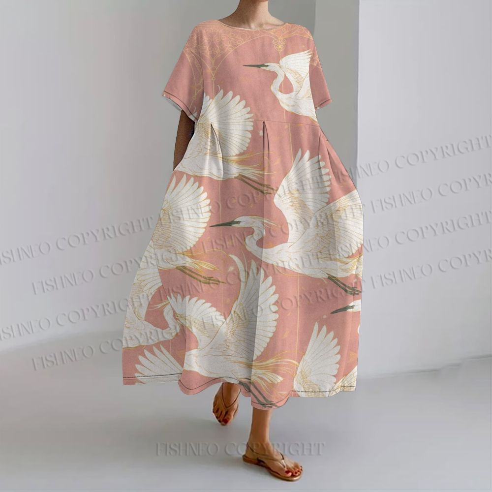 Vintage Crane Printed Maxi Dress