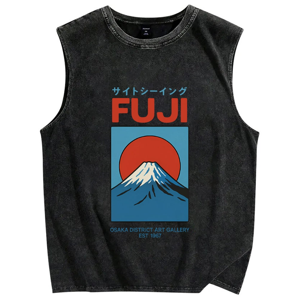 Unisex Japanese Osaka Mount Fuji Printed Washed Tank Top