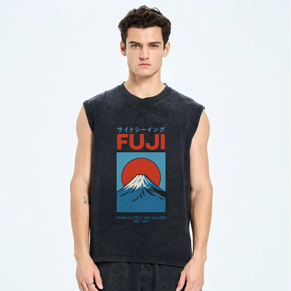 Unisex Japanese Osaka Mount Fuji Printed Washed Tank Top