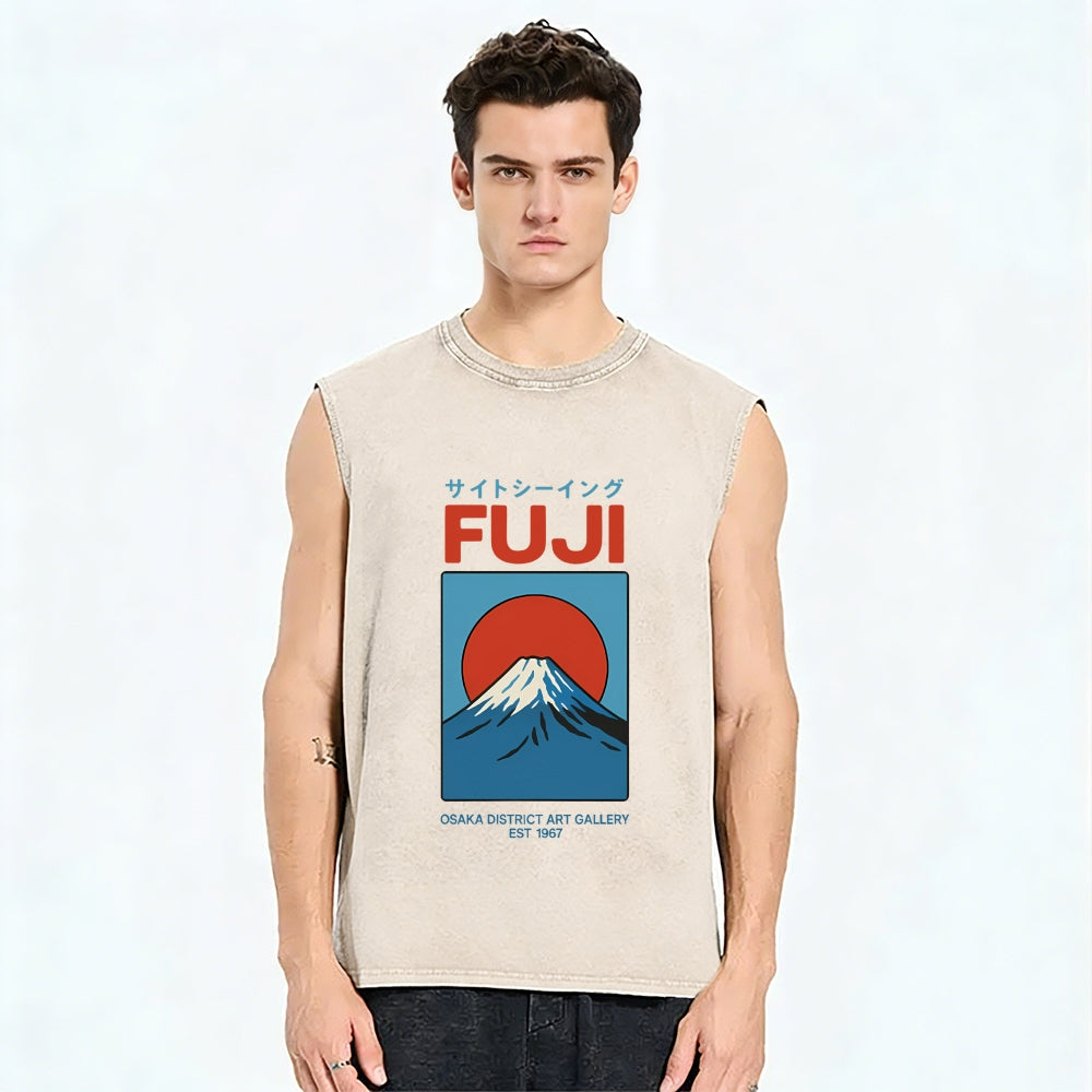 Unisex Japanese Osaka Mount Fuji Printed Washed Tank Top