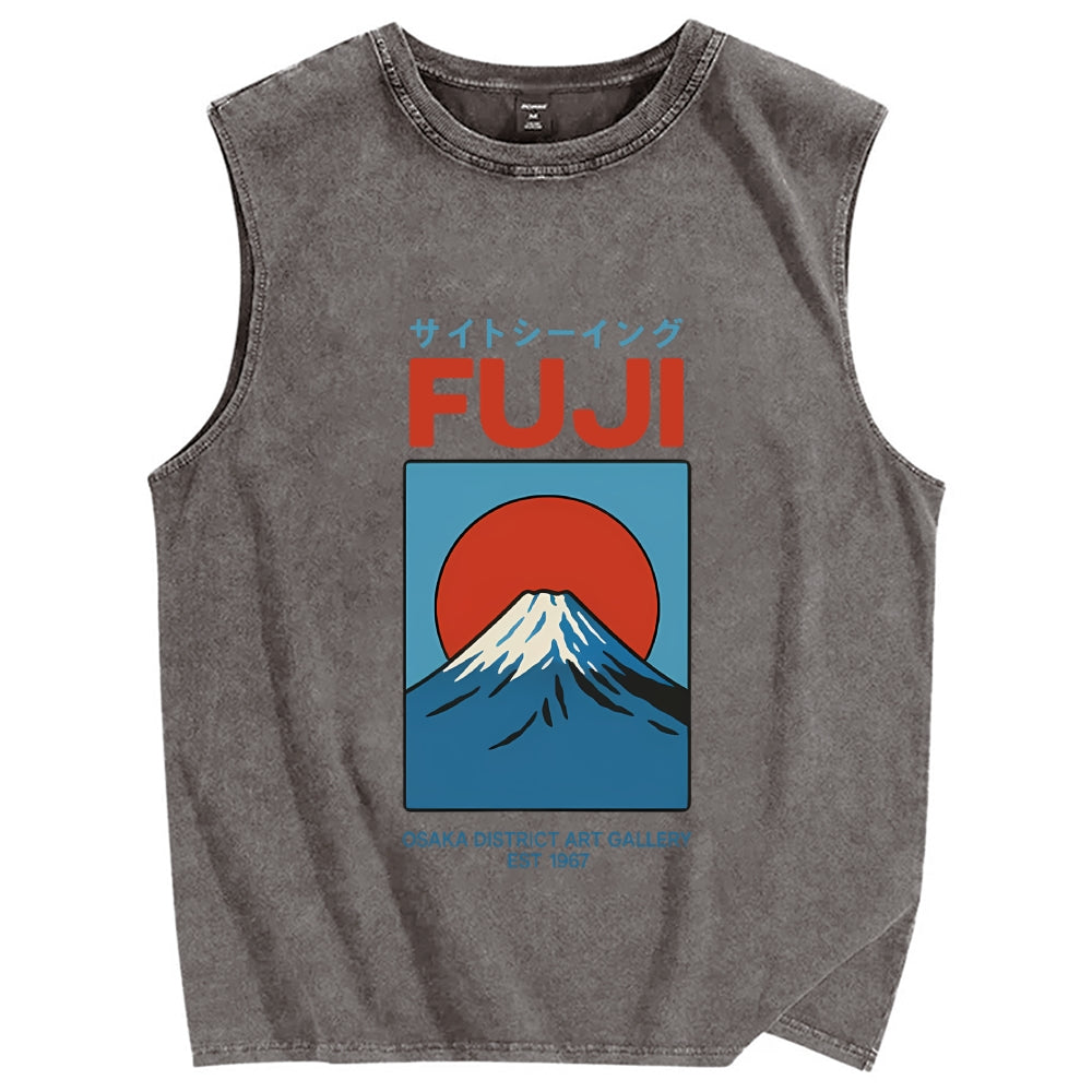 Unisex Japanese Osaka Mount Fuji Printed Washed Tank Top