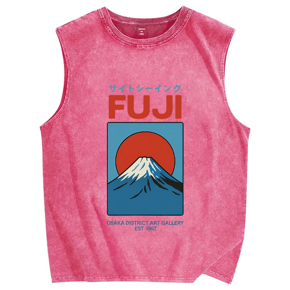 Unisex Japanese Osaka Mount Fuji Printed Washed Tank Top