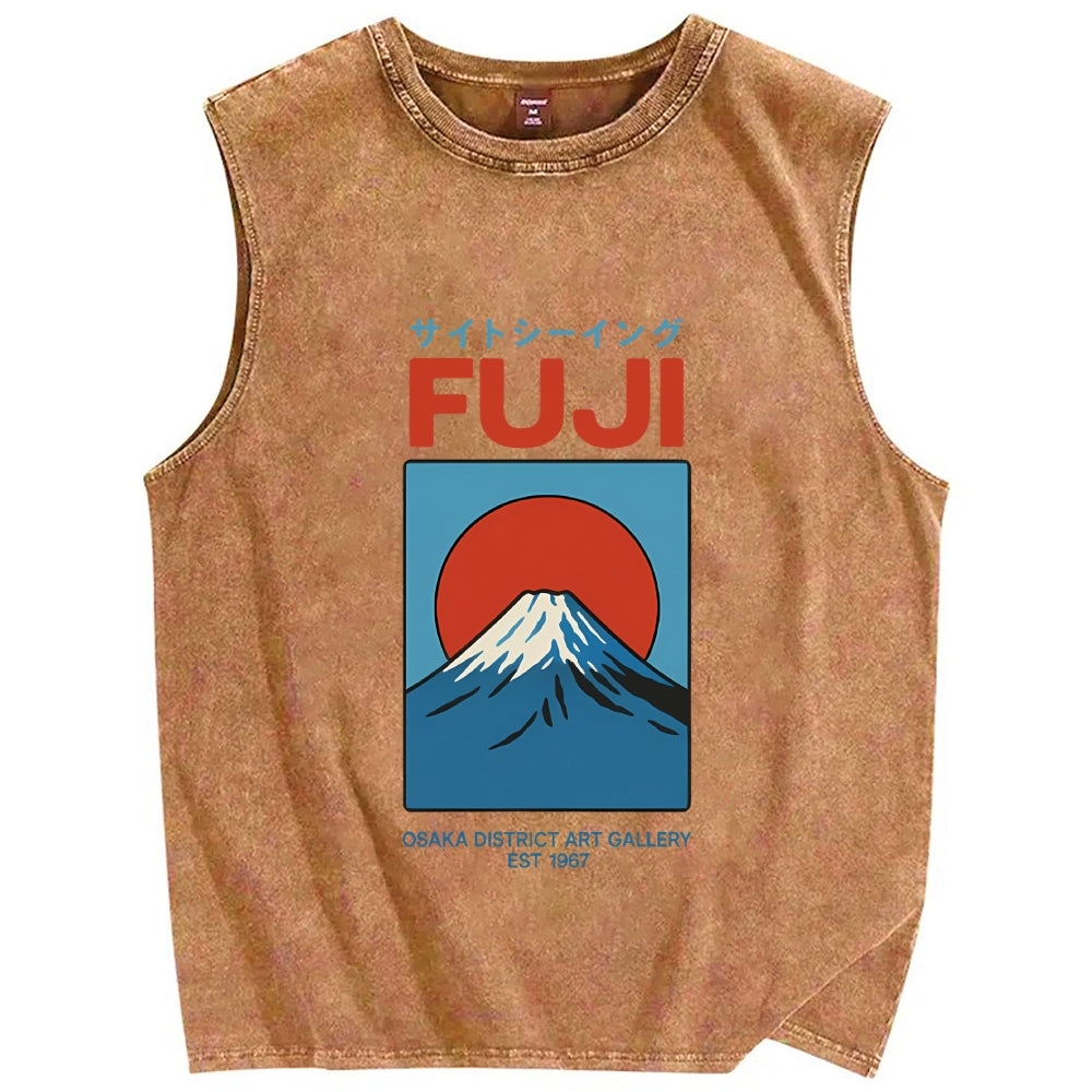 Unisex Japanese Osaka Mount Fuji Printed Washed Tank Top