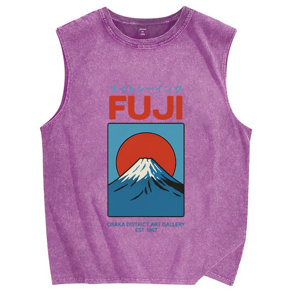 Unisex Japanese Osaka Mount Fuji Printed Washed Tank Top