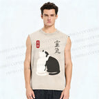 Unisex Yin Yang Cat Printed Washed Tank Top