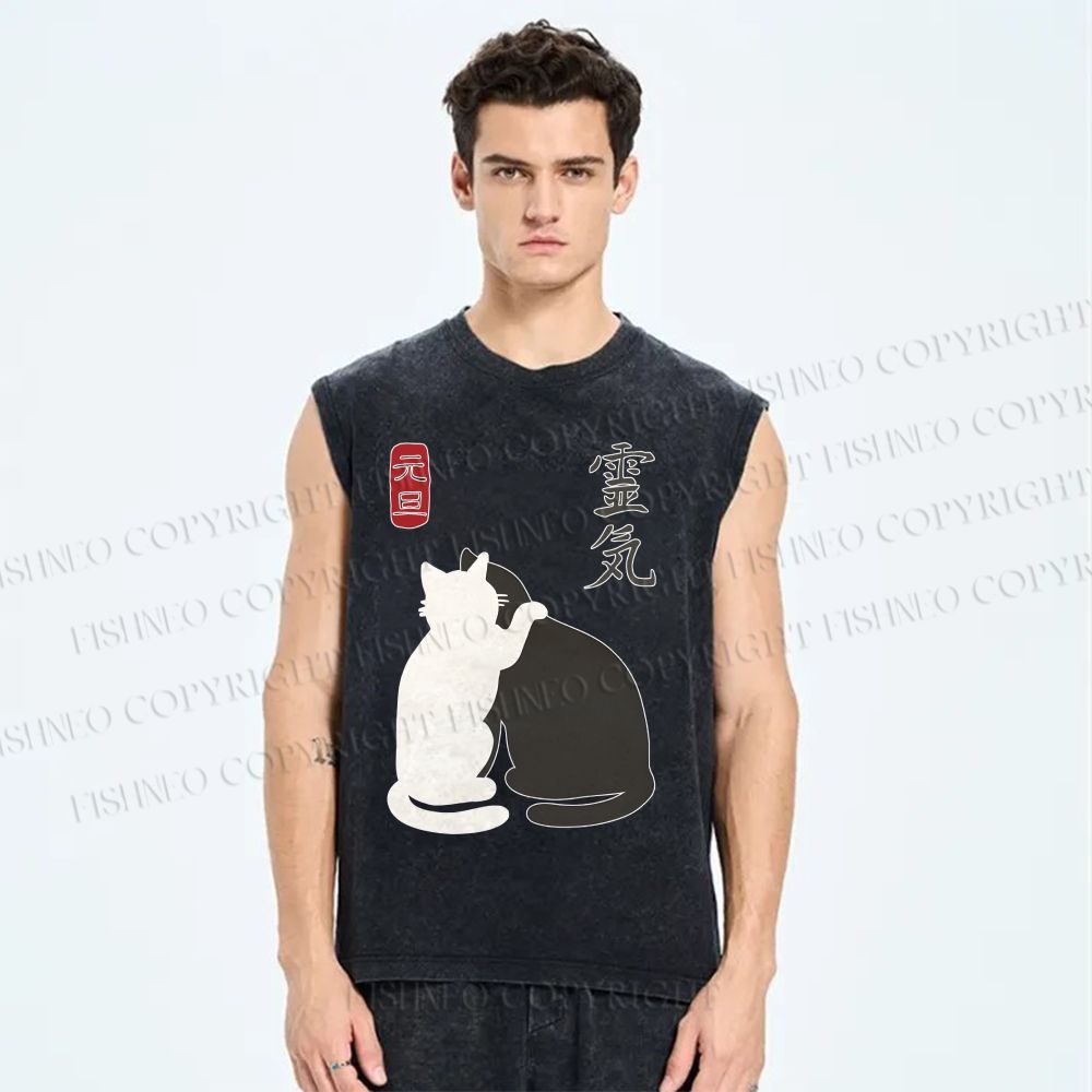 Unisex Yin Yang Cat Printed Washed Tank Top