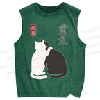 Unisex Yin Yang Cat Printed Washed Tank Top