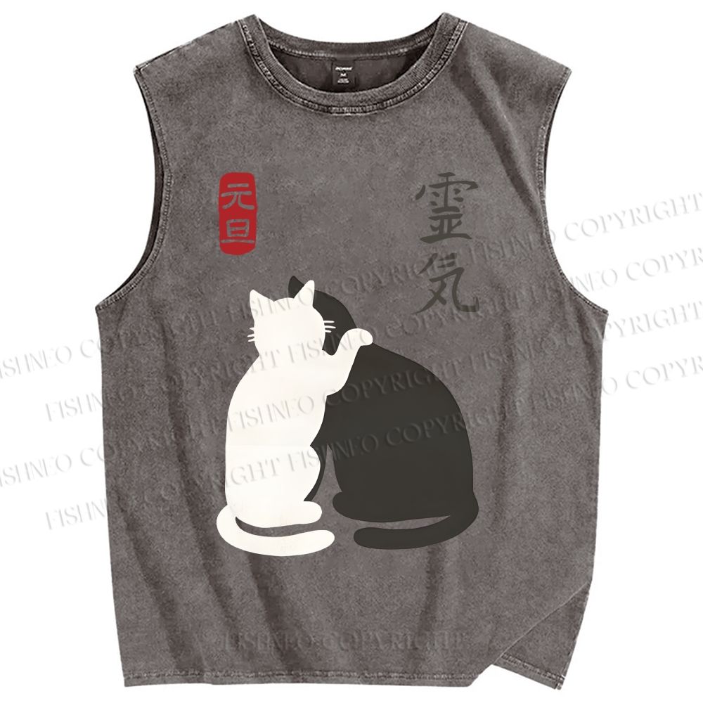 Unisex Yin Yang Cat Printed Washed Tank Top