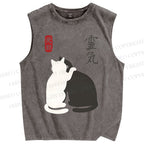 Unisex Yin Yang Cat Printed Washed Tank Top
