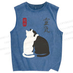 Unisex Yin Yang Cat Printed Washed Tank Top
