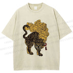Unisex Black And Gold Tiger With Clouds Printed Washed Tee