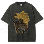 Unisex Black And Gold Tiger With Clouds Printed Washed Tee