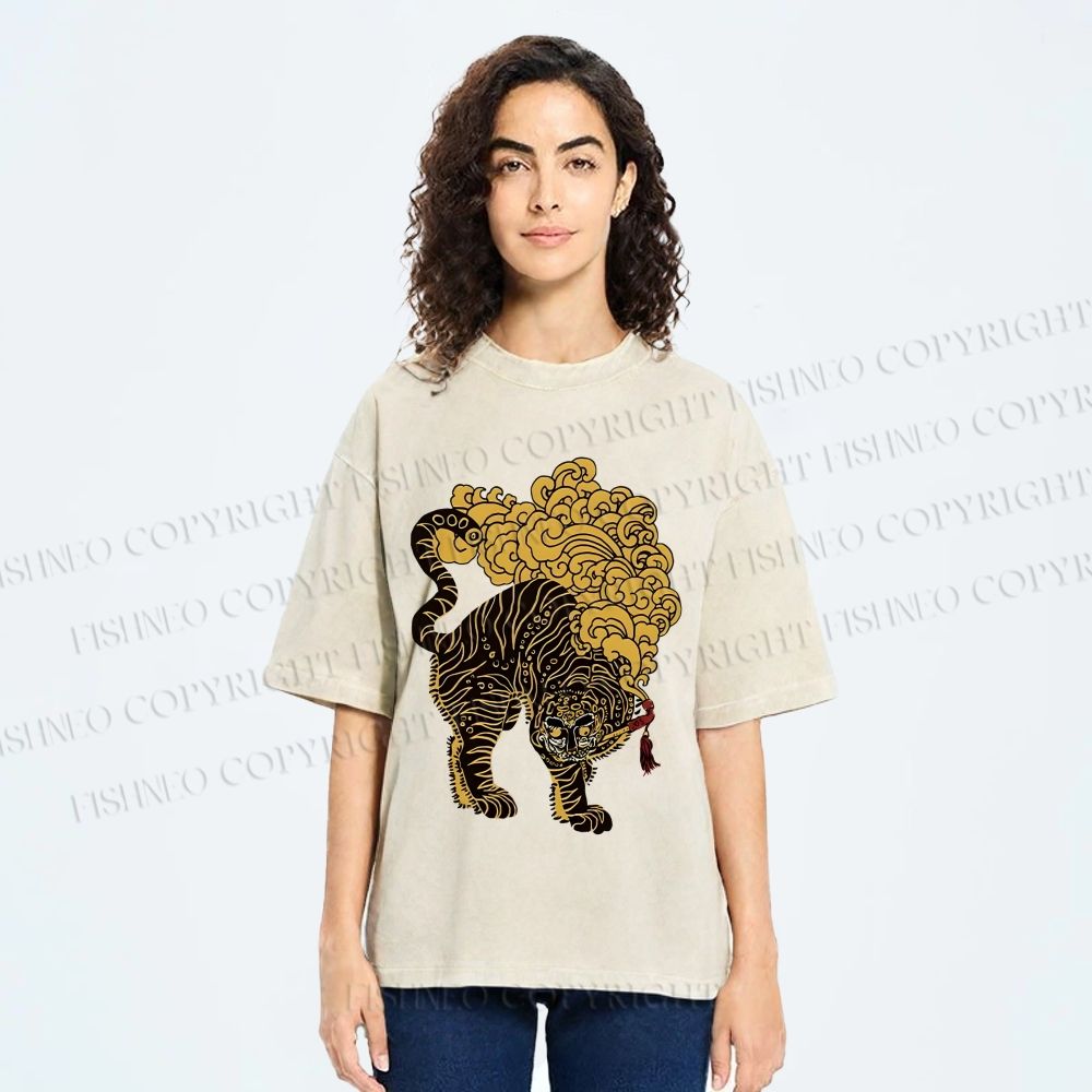 Unisex Black And Gold Tiger With Clouds Printed Washed Tee
