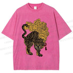 Unisex Black And Gold Tiger With Clouds Printed Washed Tee