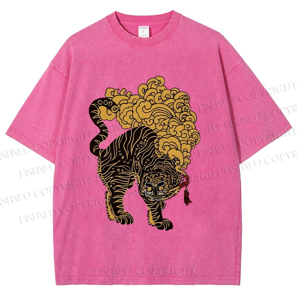 Unisex Black And Gold Tiger With Clouds Printed Washed Tee