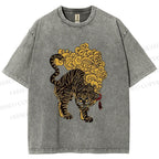 Unisex Black And Gold Tiger With Clouds Printed Washed Tee