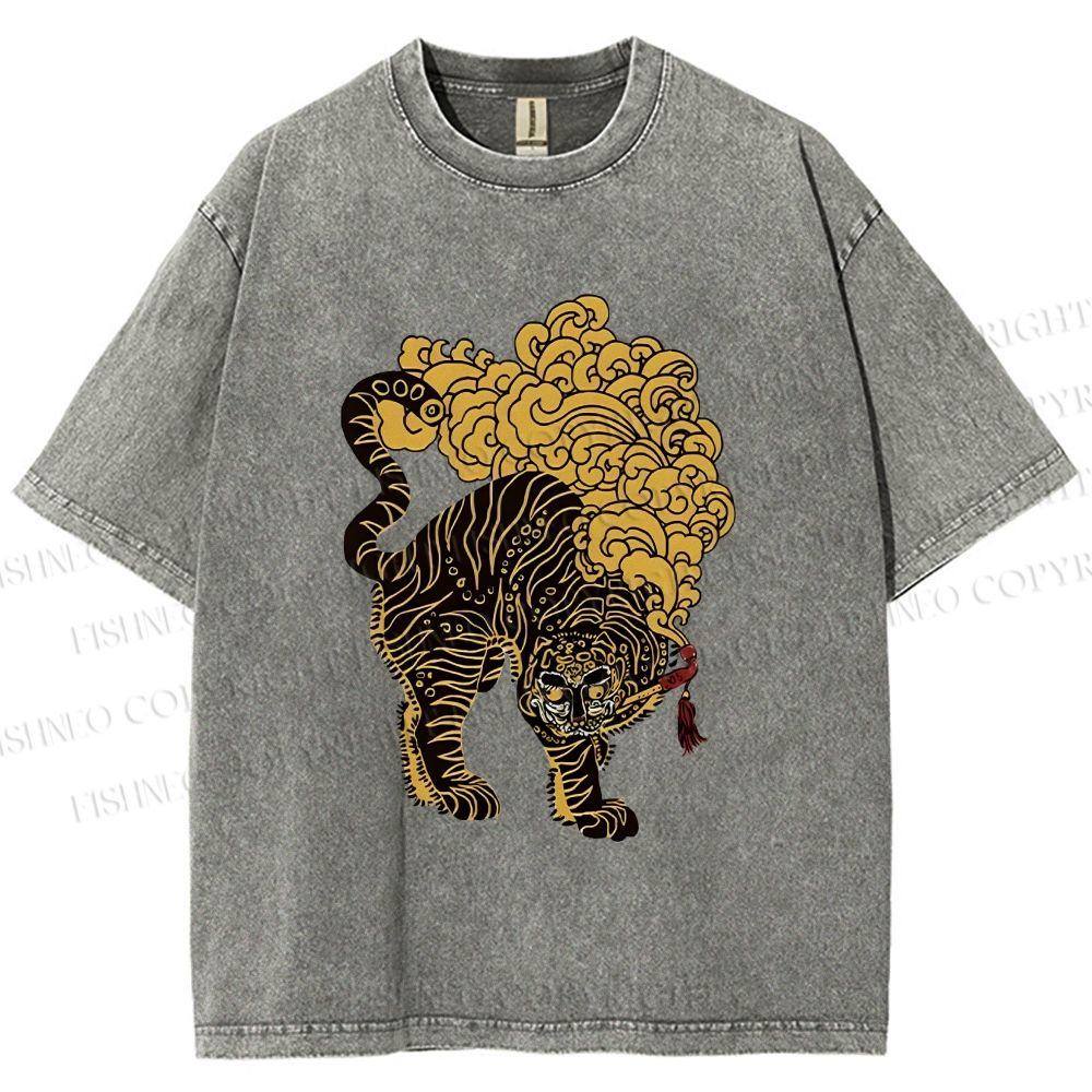 Unisex Black And Gold Tiger With Clouds Printed Washed Tee