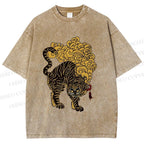 Unisex Black And Gold Tiger With Clouds Printed Washed Tee