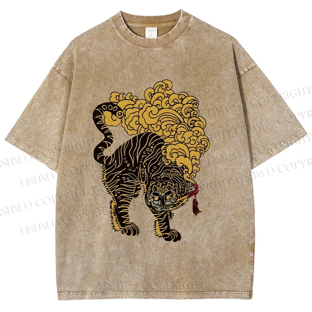 Unisex Black And Gold Tiger With Clouds Printed Washed Tee