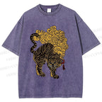 Unisex Black And Gold Tiger With Clouds Printed Washed Tee