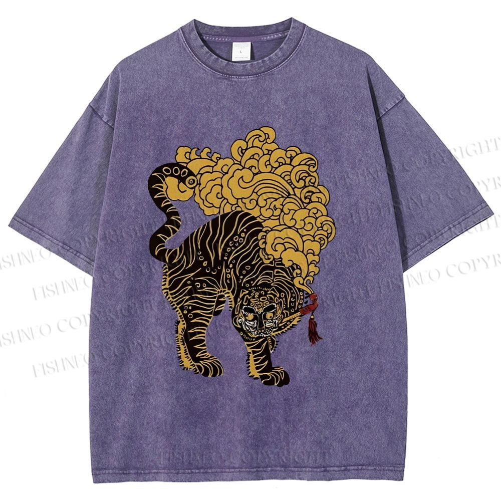 Unisex Black And Gold Tiger With Clouds Printed Washed Tee