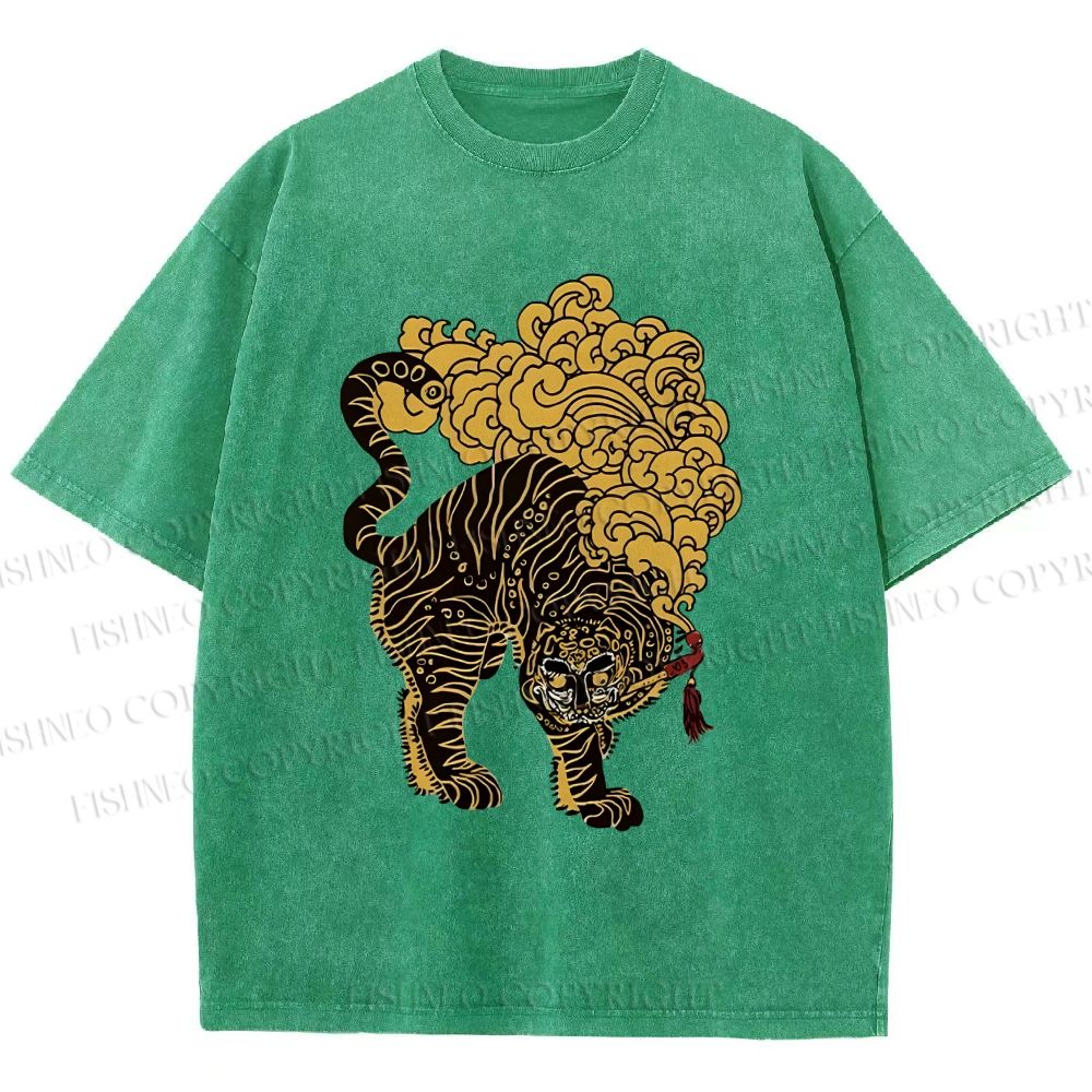 Unisex Black And Gold Tiger With Clouds Printed Washed Tee