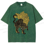 Unisex Black And Gold Tiger With Clouds Printed Washed Tee