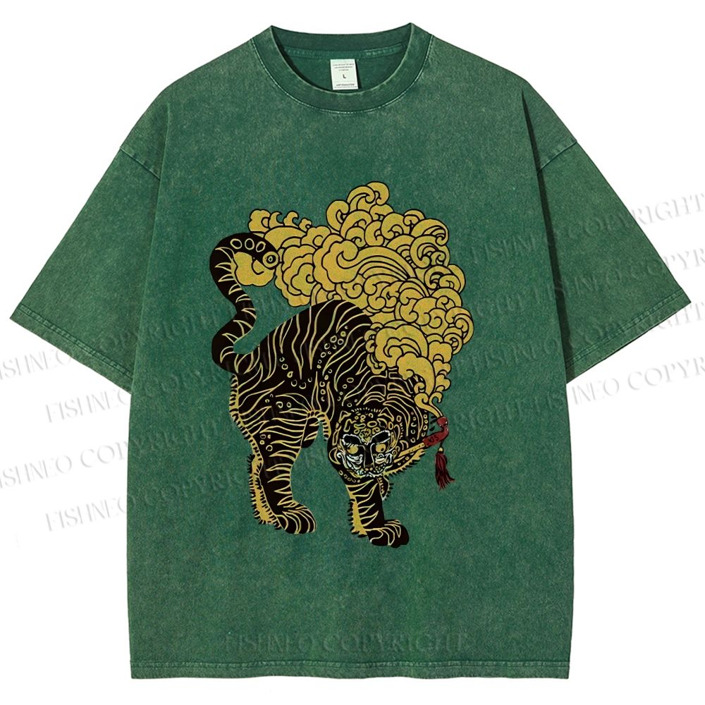 Unisex Black And Gold Tiger With Clouds Printed Washed Tee