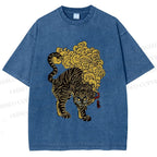 Unisex Black And Gold Tiger With Clouds Printed Washed Tee