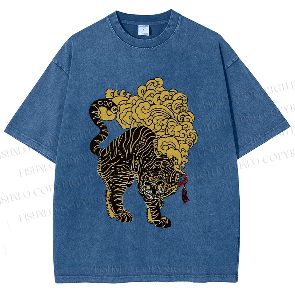 Unisex Black And Gold Tiger With Clouds Printed Washed Tee