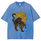 Unisex Black And Gold Tiger With Clouds Printed Washed Tee