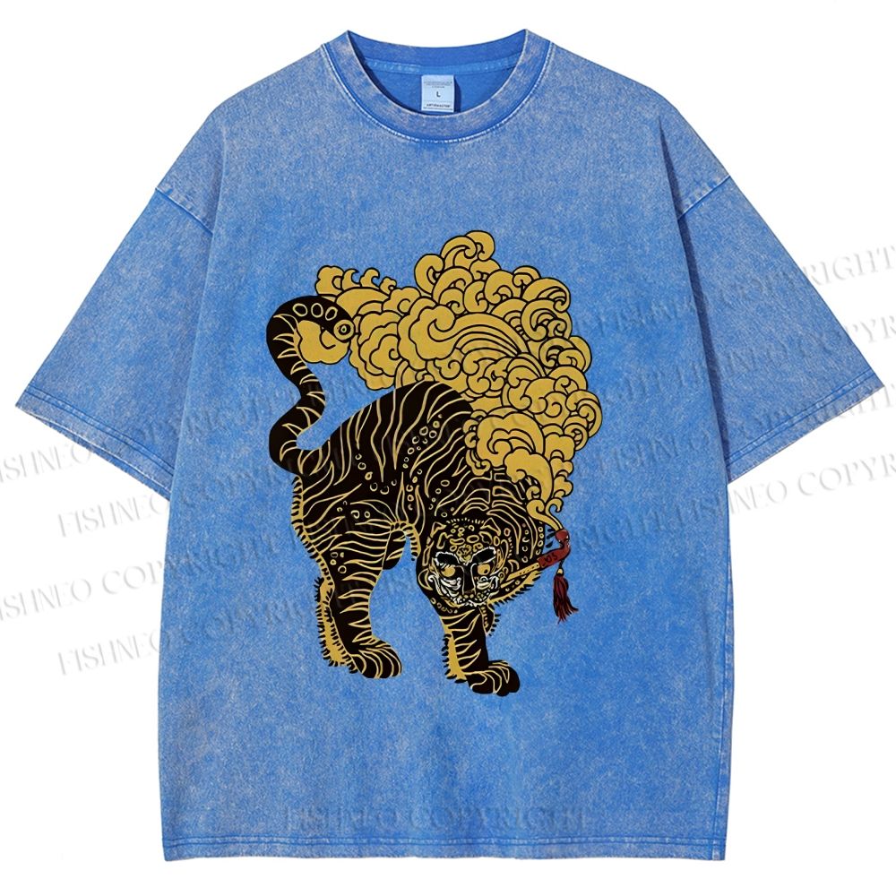 Unisex Black And Gold Tiger With Clouds Printed Washed Tee
