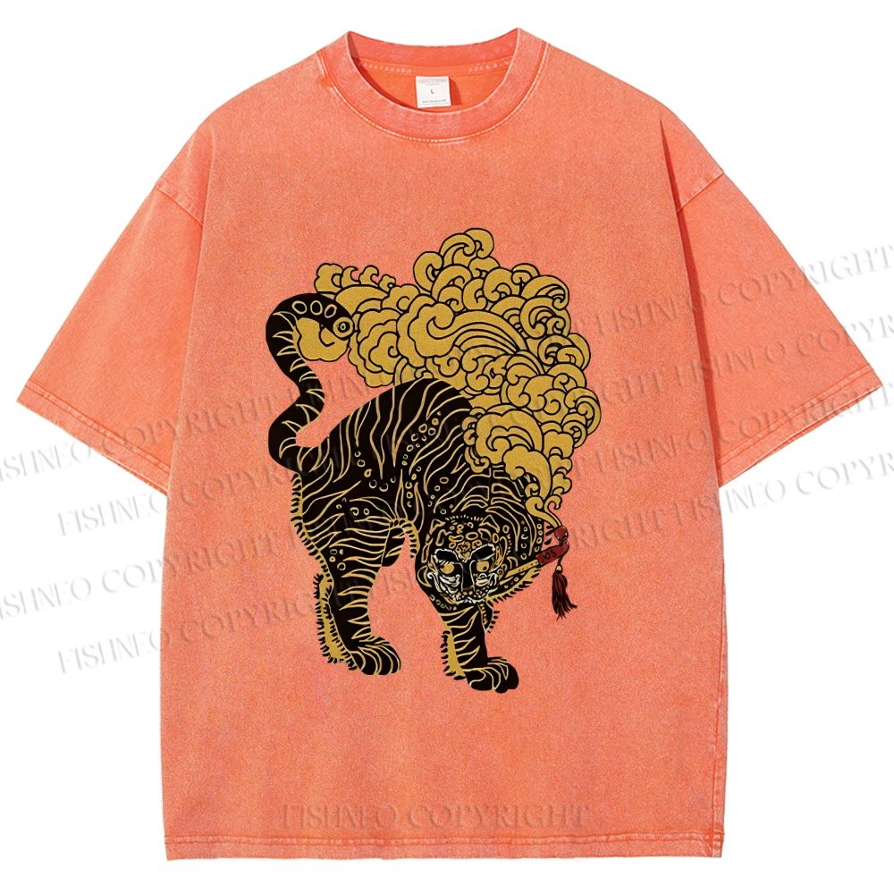 Unisex Black And Gold Tiger With Clouds Printed Washed Tee