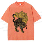 Unisex Black And Gold Tiger With Clouds Printed Washed Tee